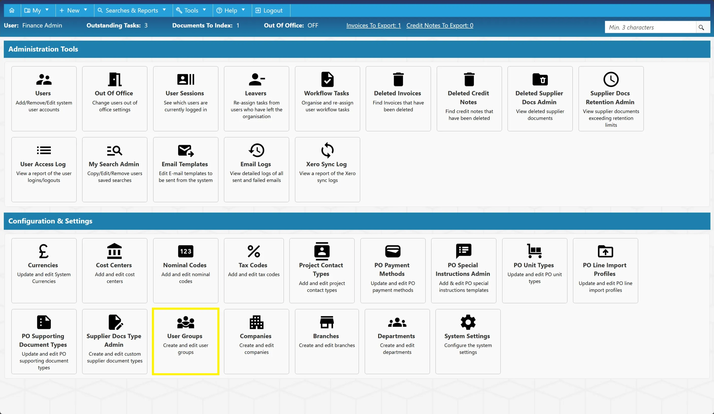 Admin users can create new user groups or edit existing ones.