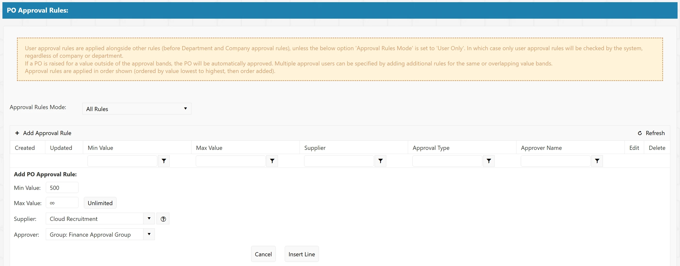 Approval Rule Example Users can set a minimum and maximum value for the approval rule alongside the designated approver.