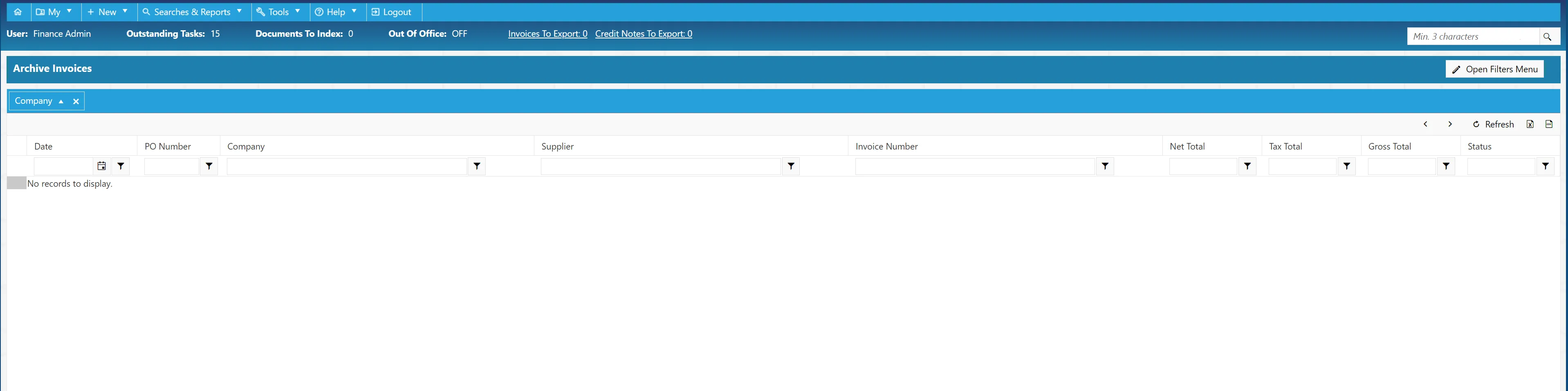 The legacy invoices are displayed on a grid with several columns.
