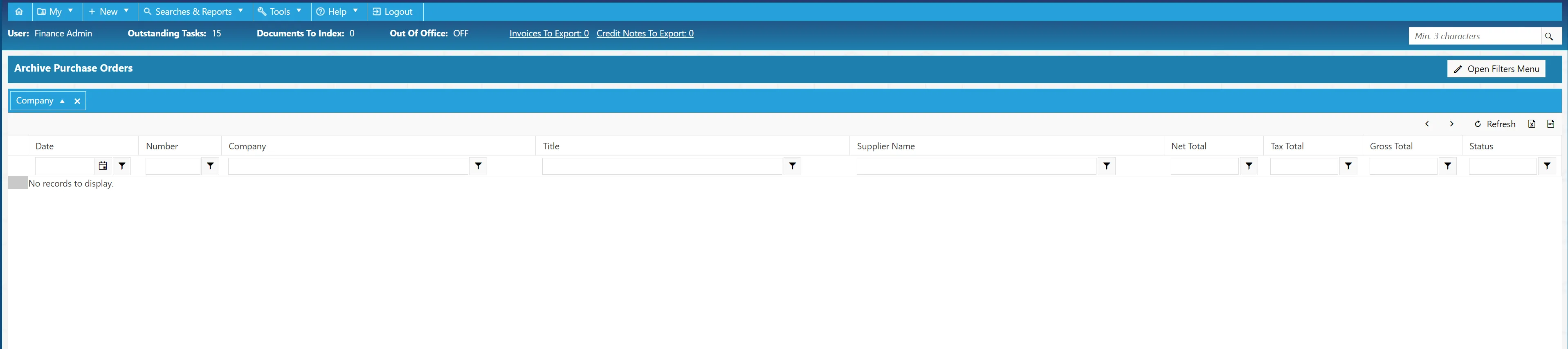 The legacy purchase orders are displayed on a search grid with multiple columns.