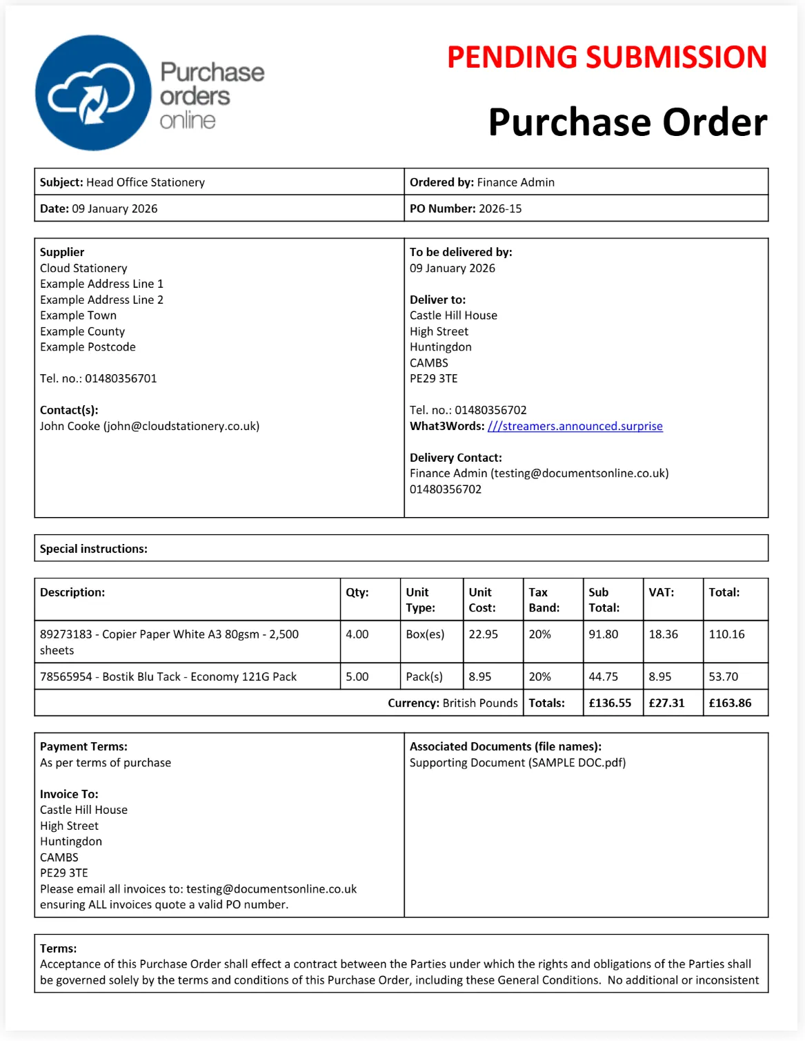 The details of any supplier supporting documents will be displayed on the purchase order for suppliers to review.