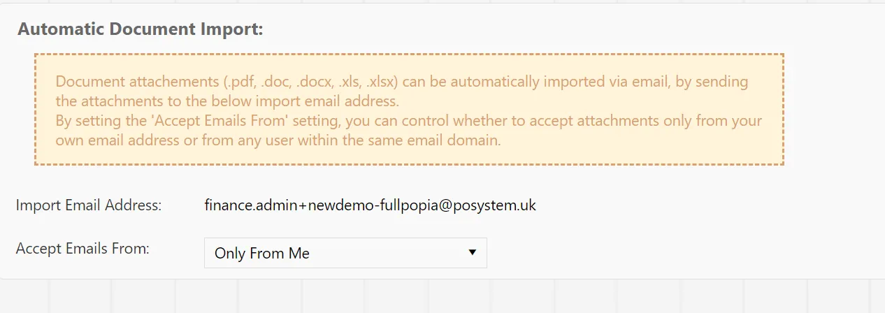 Users can send documents to a designated email address to import documents into the purchase order system.