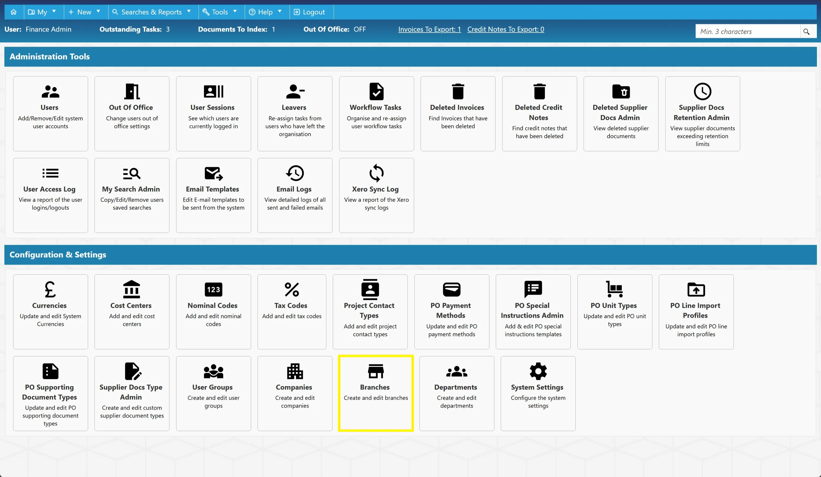 Admin users can configure existing branches and add new ones to the PO software as required.