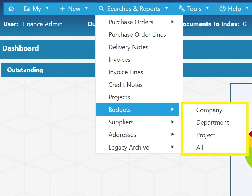 Users can conduct budget searches at multiple levels within the purchase order software.
