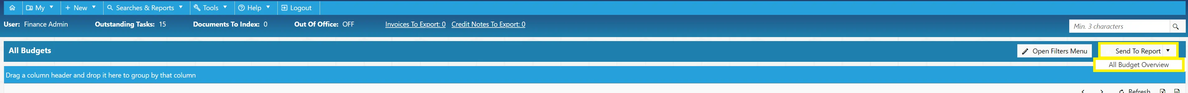 The Budget Overview button allows users to send the budget search results to a report.