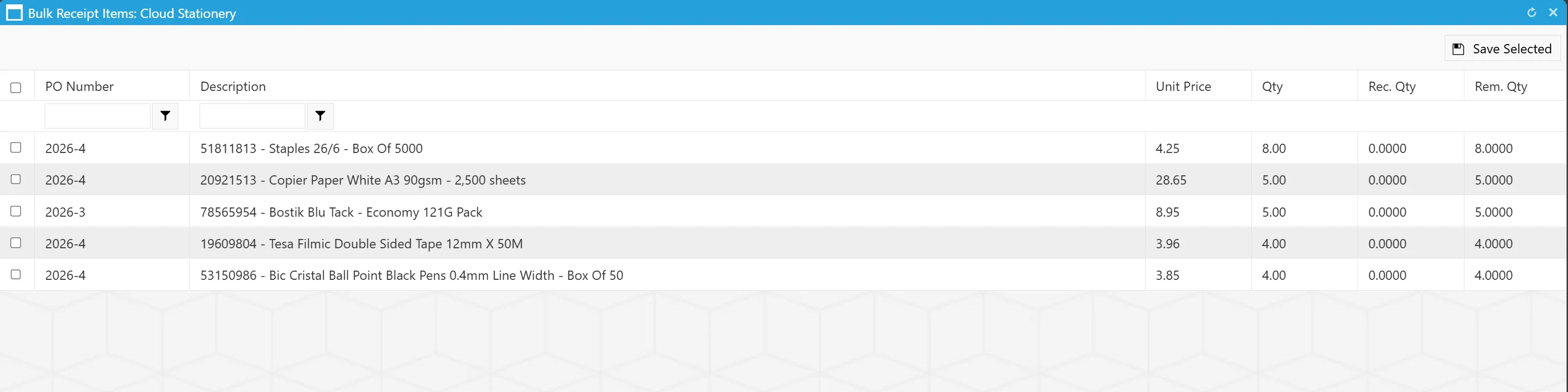 Bulk Receipt Items Users have the option to receive items in bulk for more efficient goods receipting.