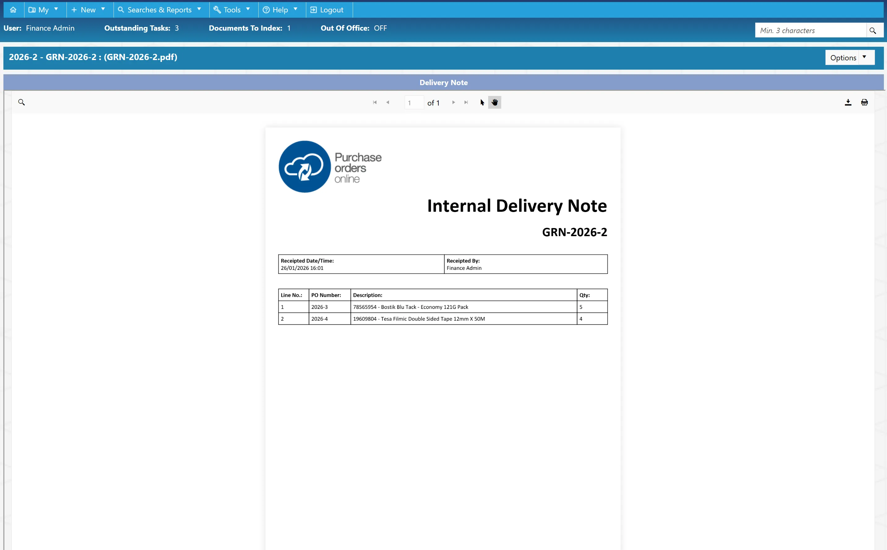 Save the GRN Select Save to commit the delivery note and save it within the system.