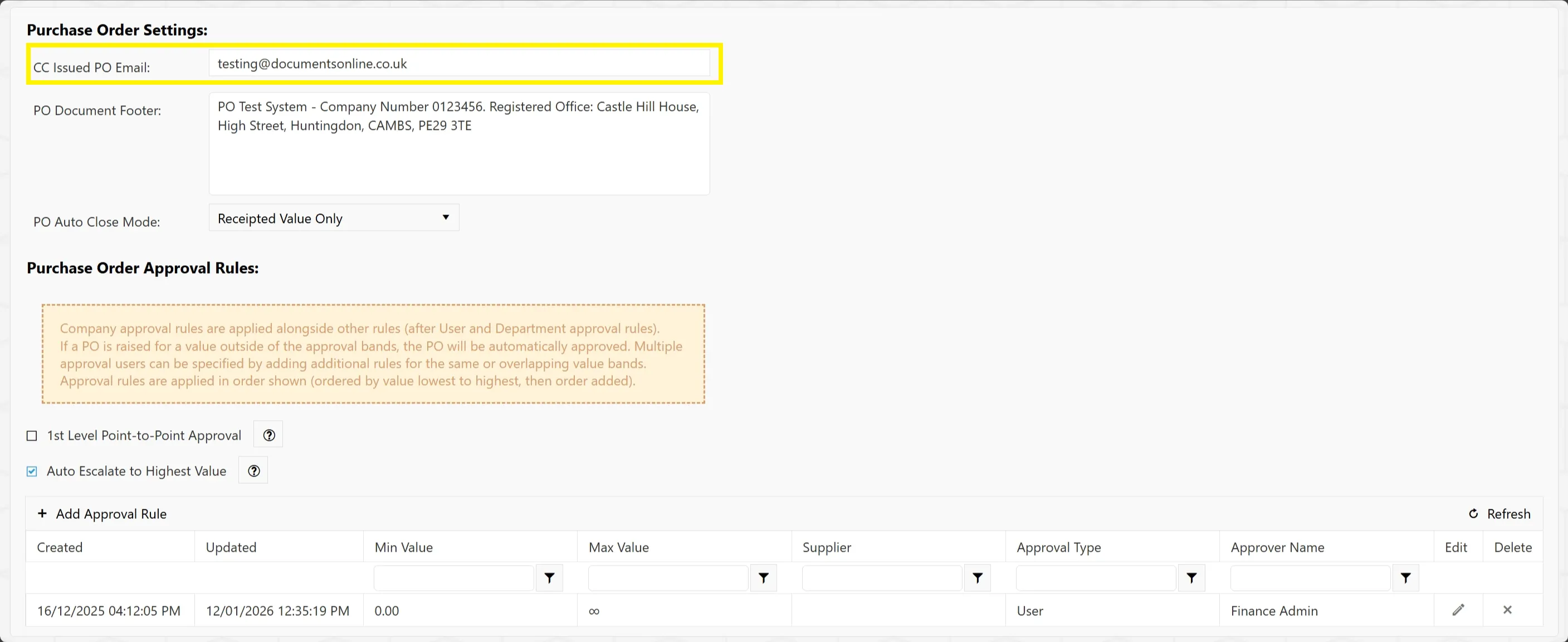 The CC Issued PO Email Address can be set to ensure a copy of the PO is sent to the designated email.
