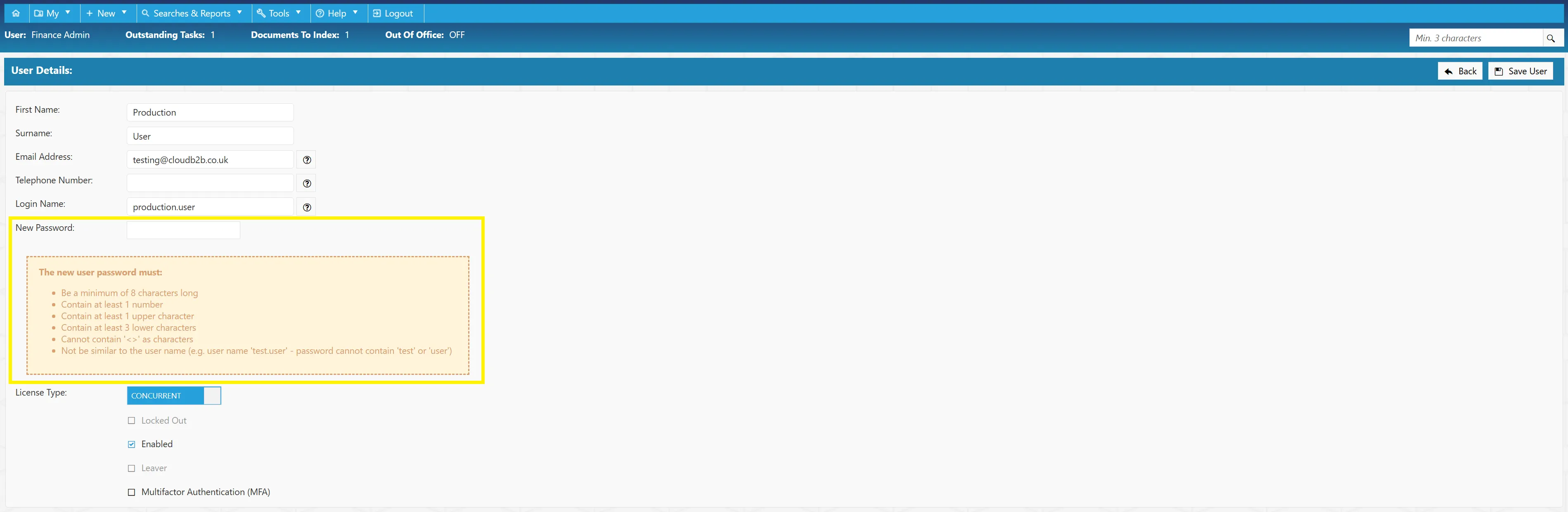 Change User Passwords Admin users are able to change user passwords as required from the User Details section.