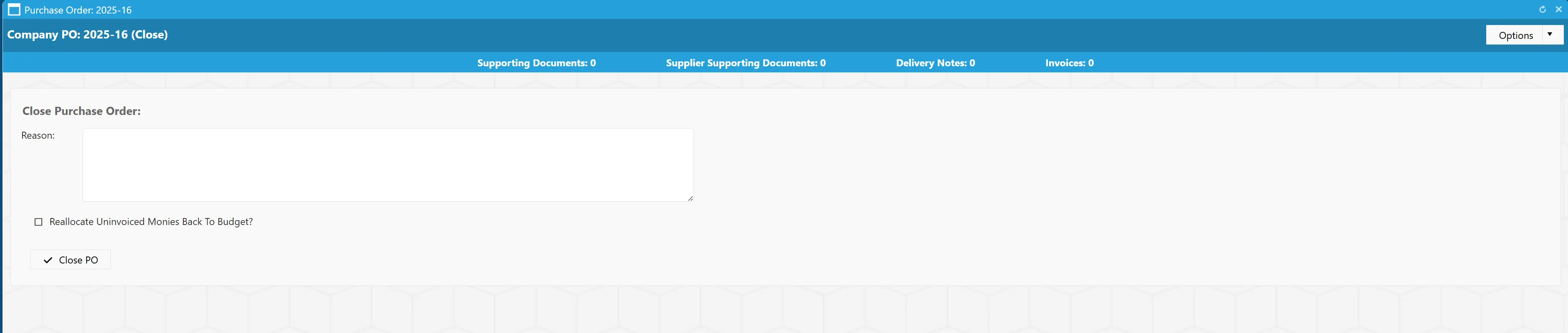 The system requires further fields to be completed prior to closing the PO.