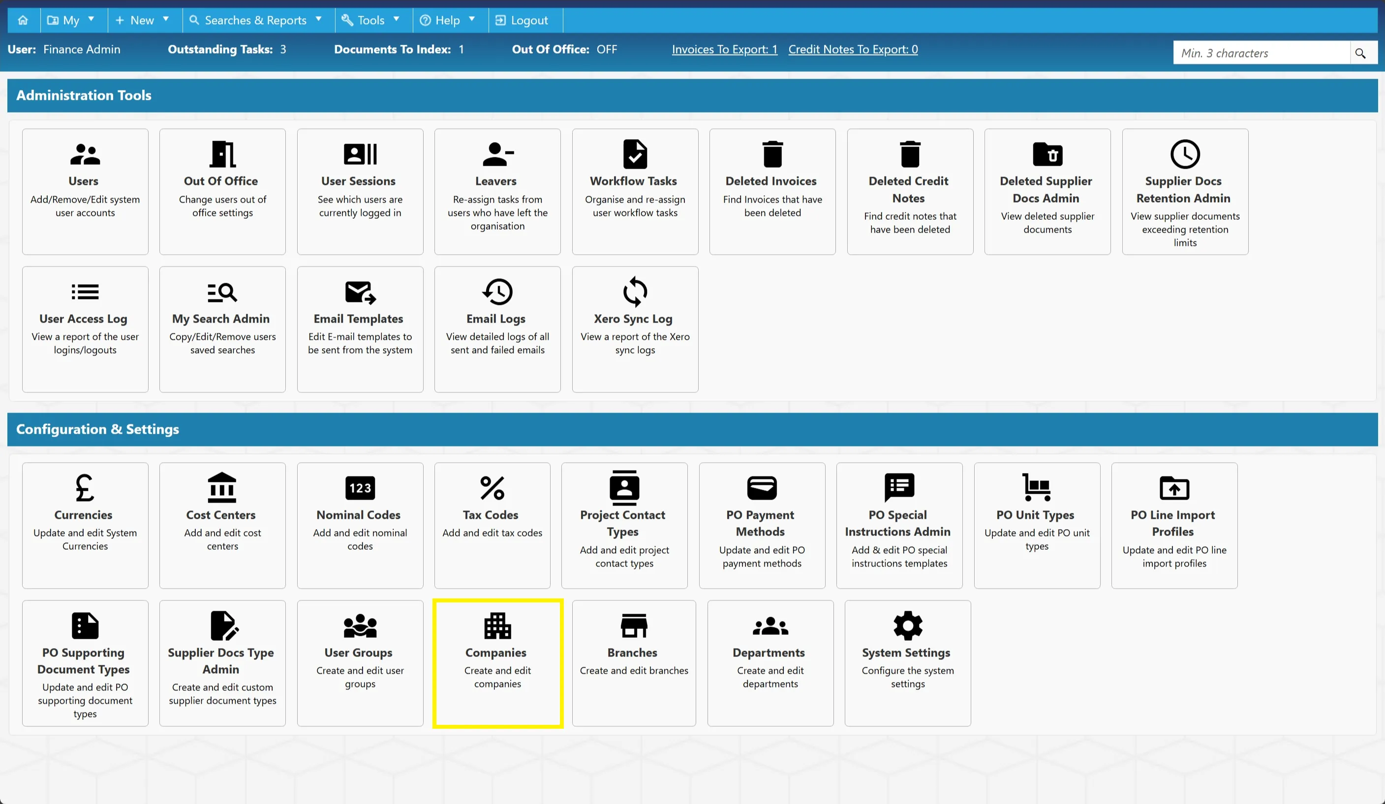 Admin users can configure companies within the system including adding new ones.