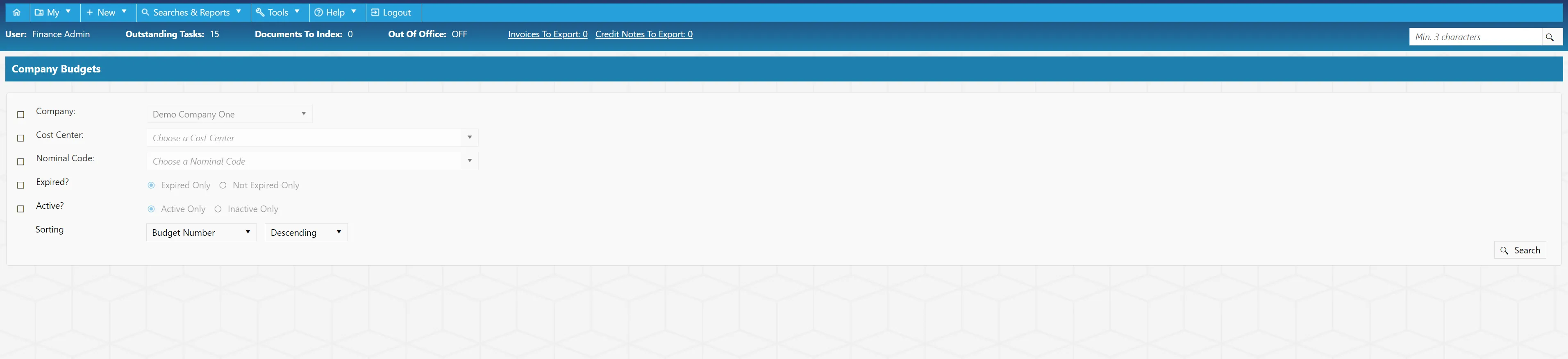 There are a number of filters available when conducting a company level budgets search.