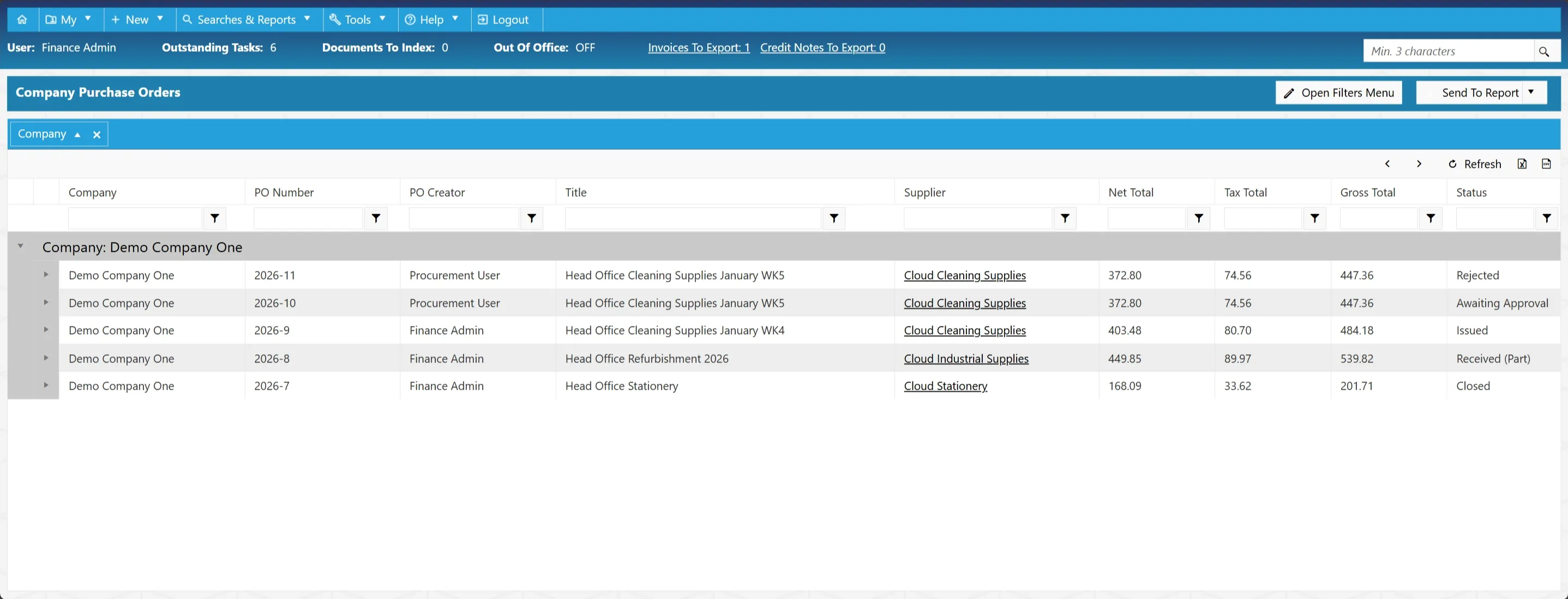 Company purchase order search results are displayed in a grid with various columns.