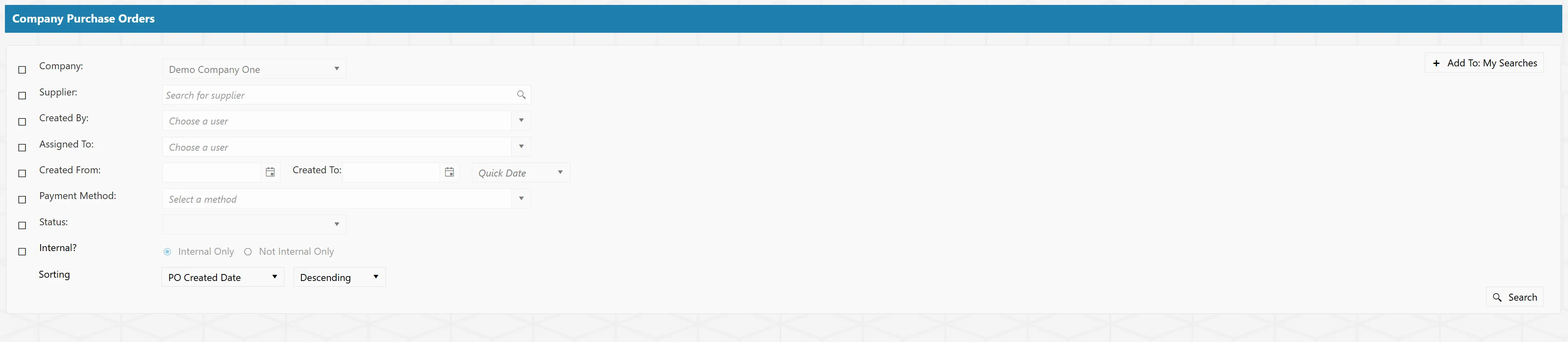 There are a number of filters available for the company level purchase order search.