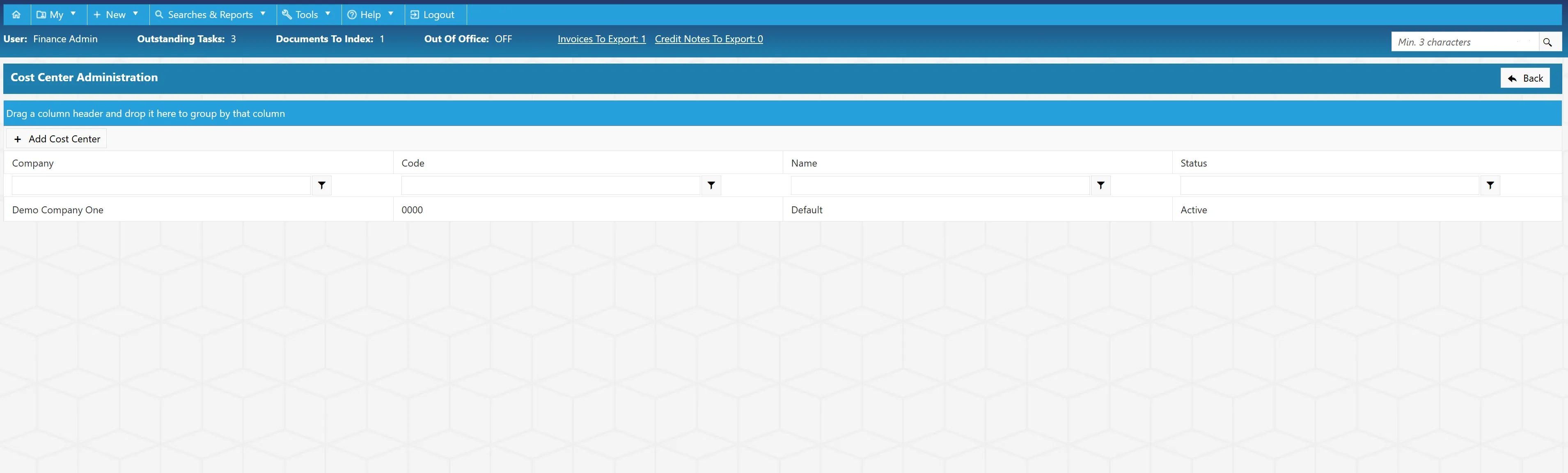 From the Cost Center Administration grid, users can manage new and existing cost centers.
