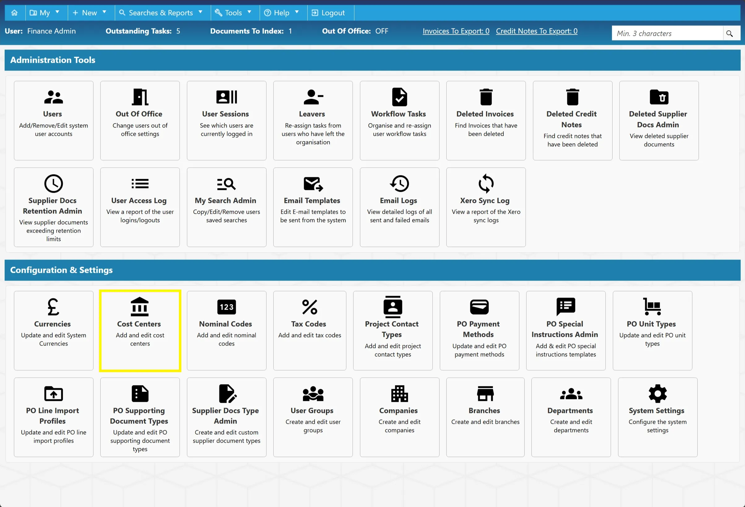 Users can create new Cost Centers and edit existing ones within the PO system.