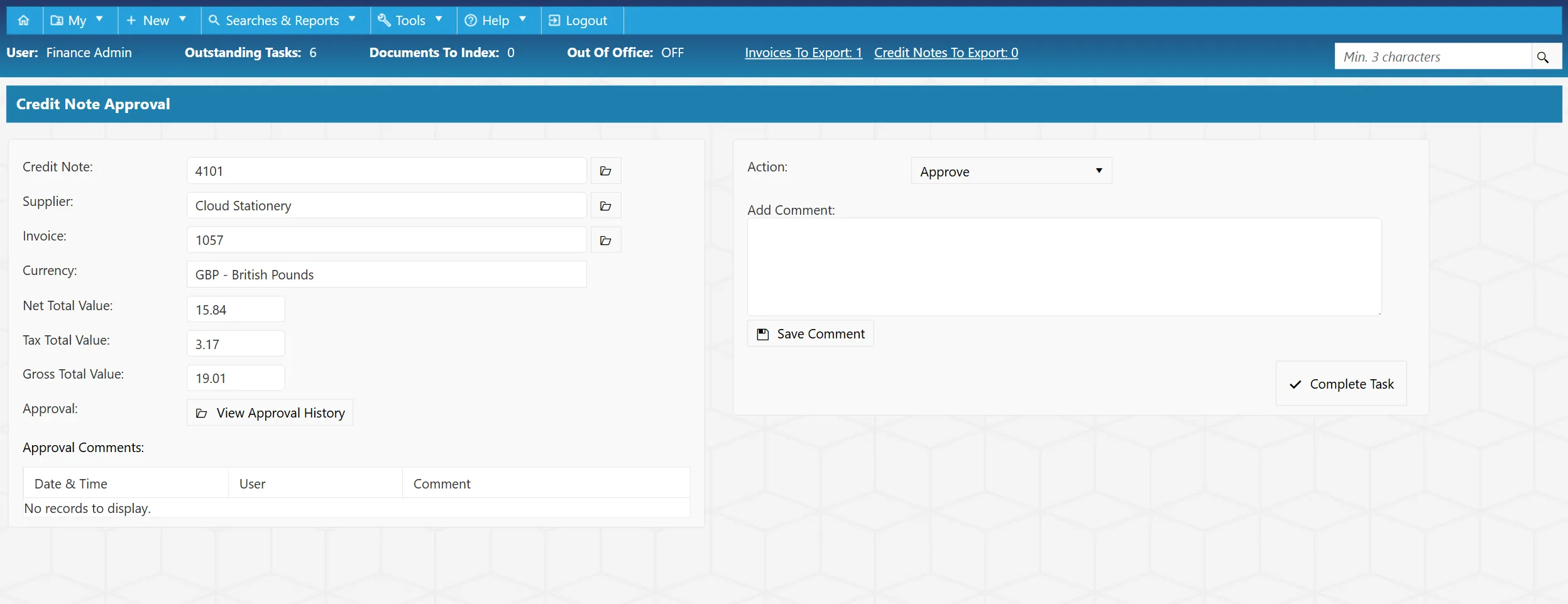Once a credit note is submitted for approval, the invoice creator will receive a task.