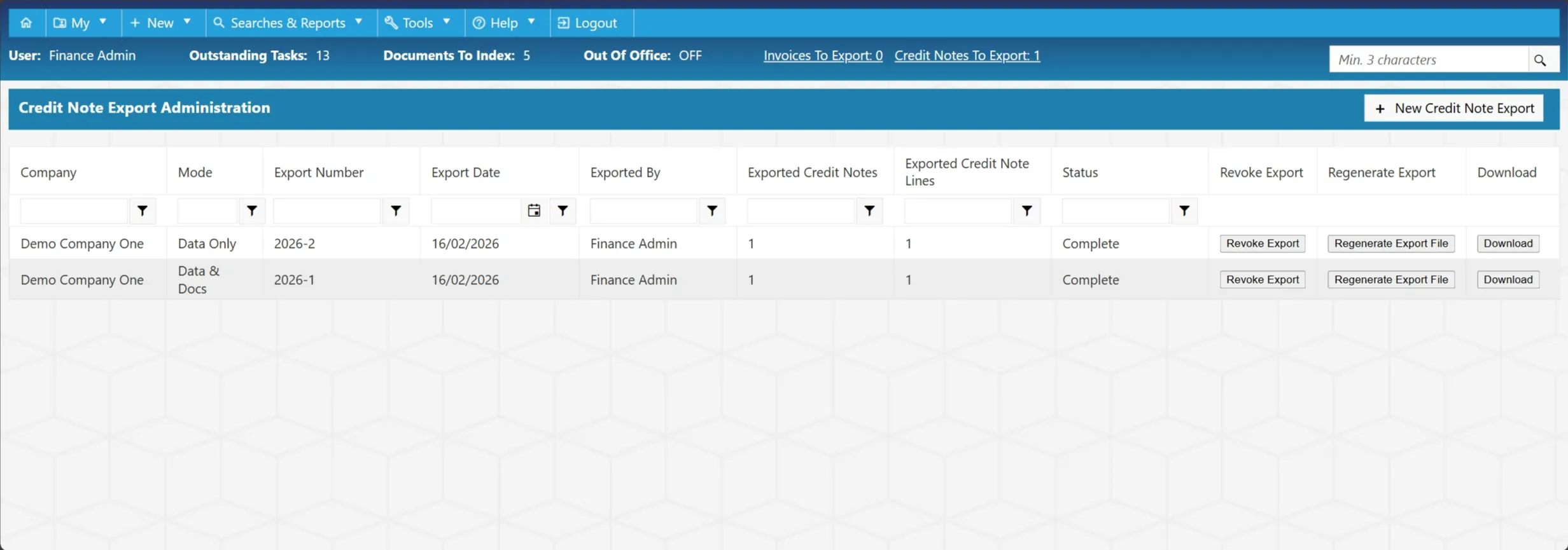 The Credit Note Export Administration Grid contains information about previous exports.