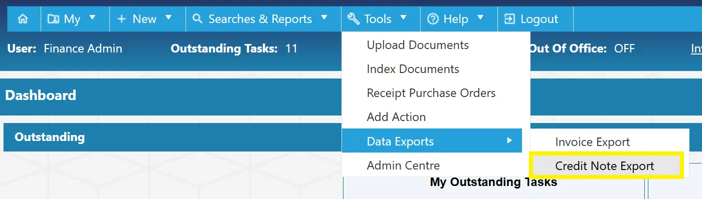 To begin an credit note export, navigate to the Credit Note Export section under the Tools menu.