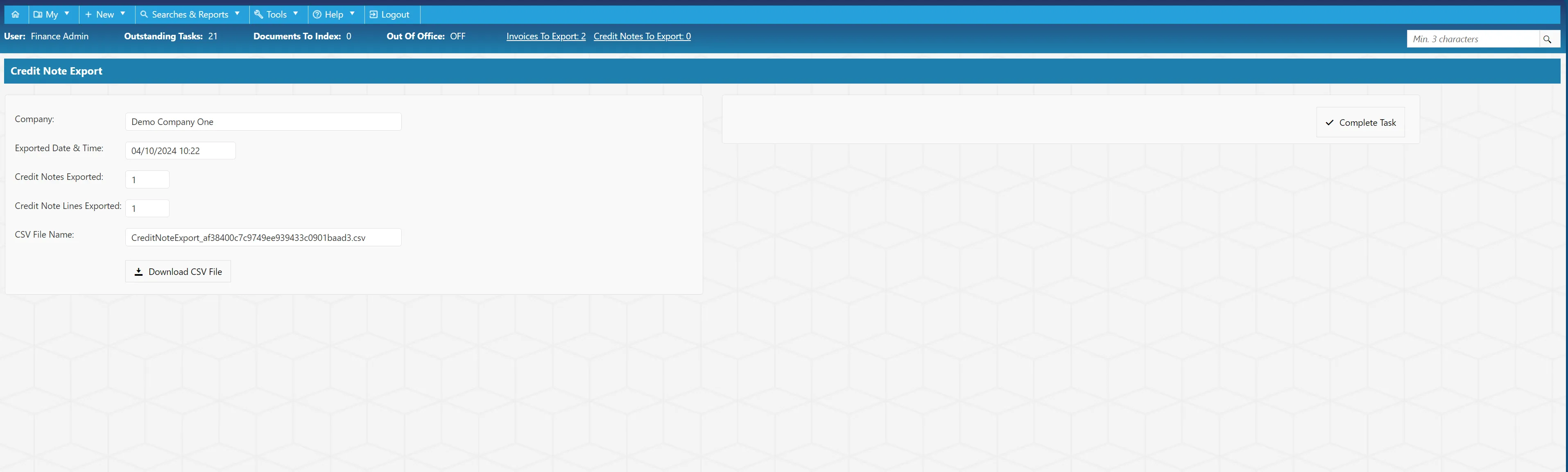 Once a credit note export has been completed, the user who carried it out will receive a task.