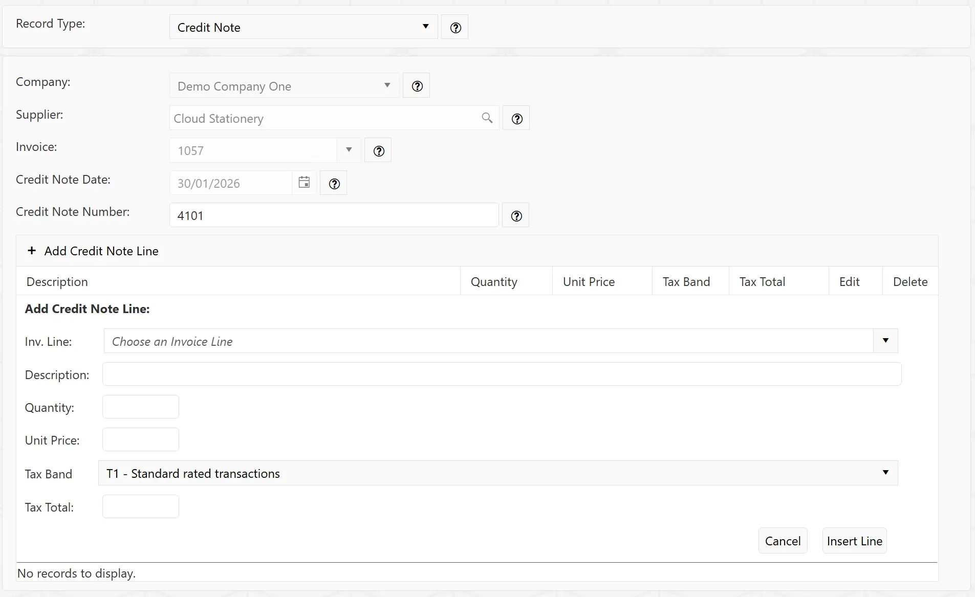 Users can manually add credit note lines by populating the fields with the relevant details.