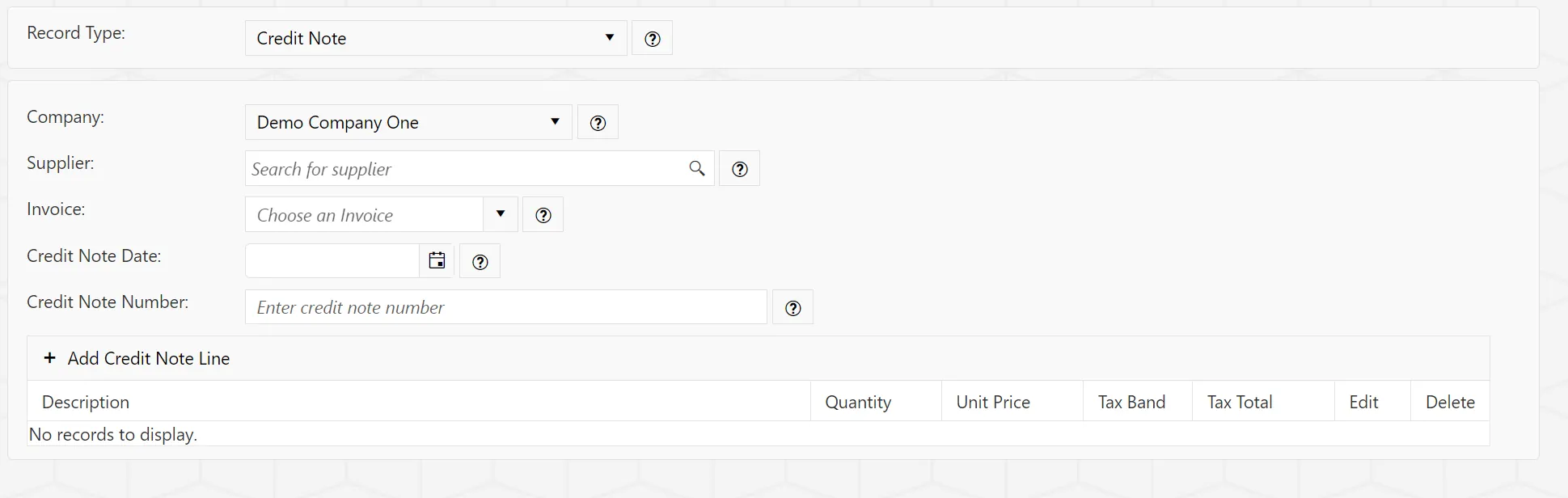 Changing the record type to Credit Note will display several fields for the user to populate.