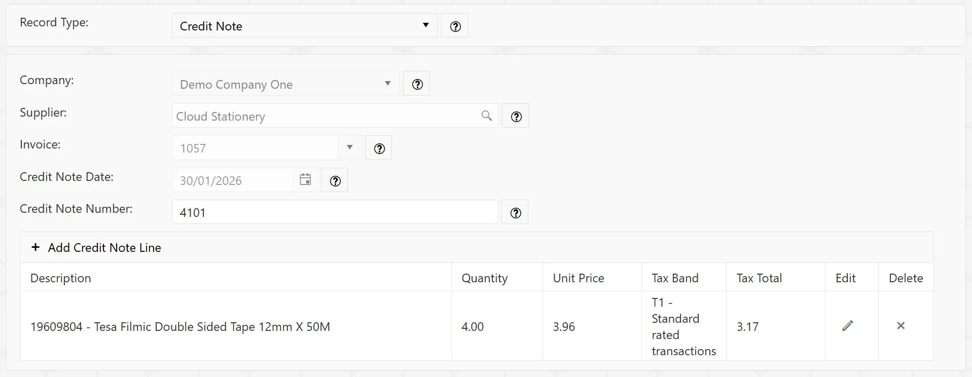 When a credit note line is added, it will be displayed on the grid along with a set of running totals.
