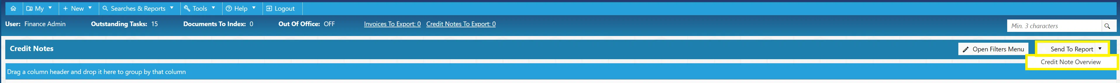 Users can send the credit note search results to a report using the Credit Note Overview button.