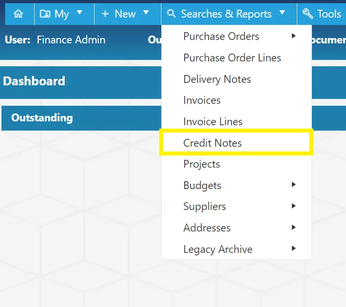 Users can carry out searches for credit notes within the PO system.