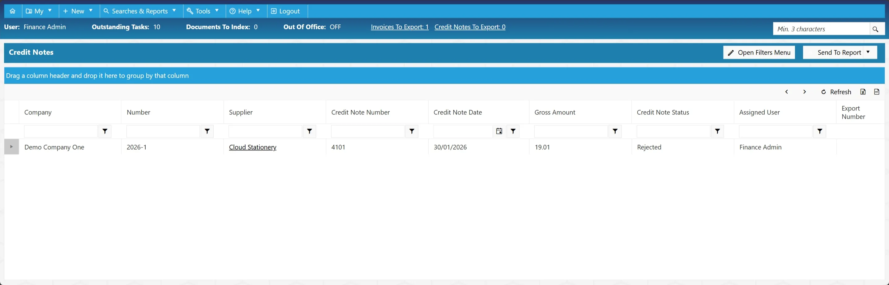 Credit notes search results are displayed in a clear grid with various columns.