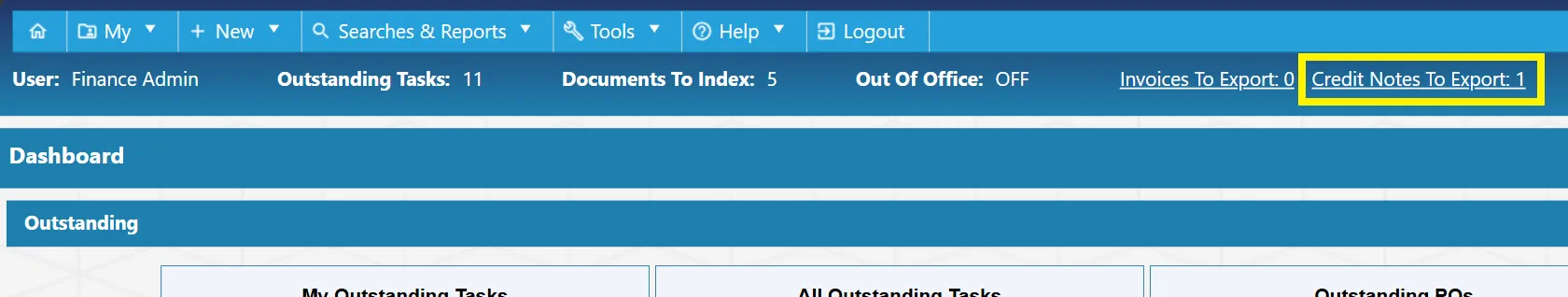 The number of approved credit notes, that are ready to export is shown in the top bar of the system.