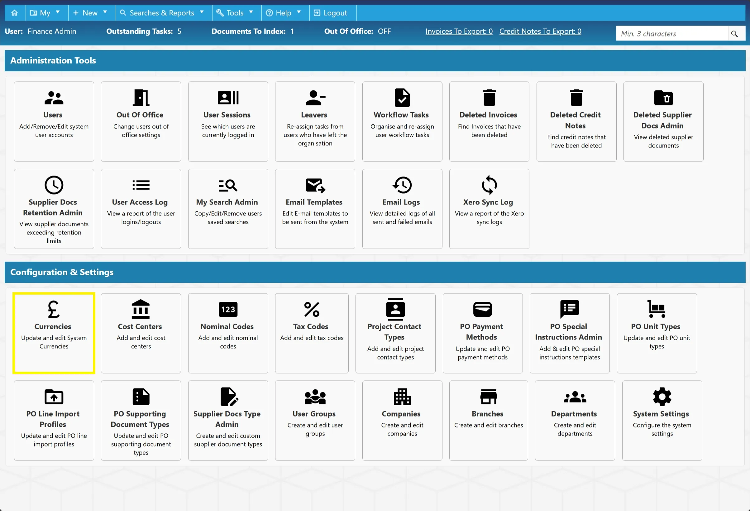 Select Currencies to administer the various currencies within the purchase order software.