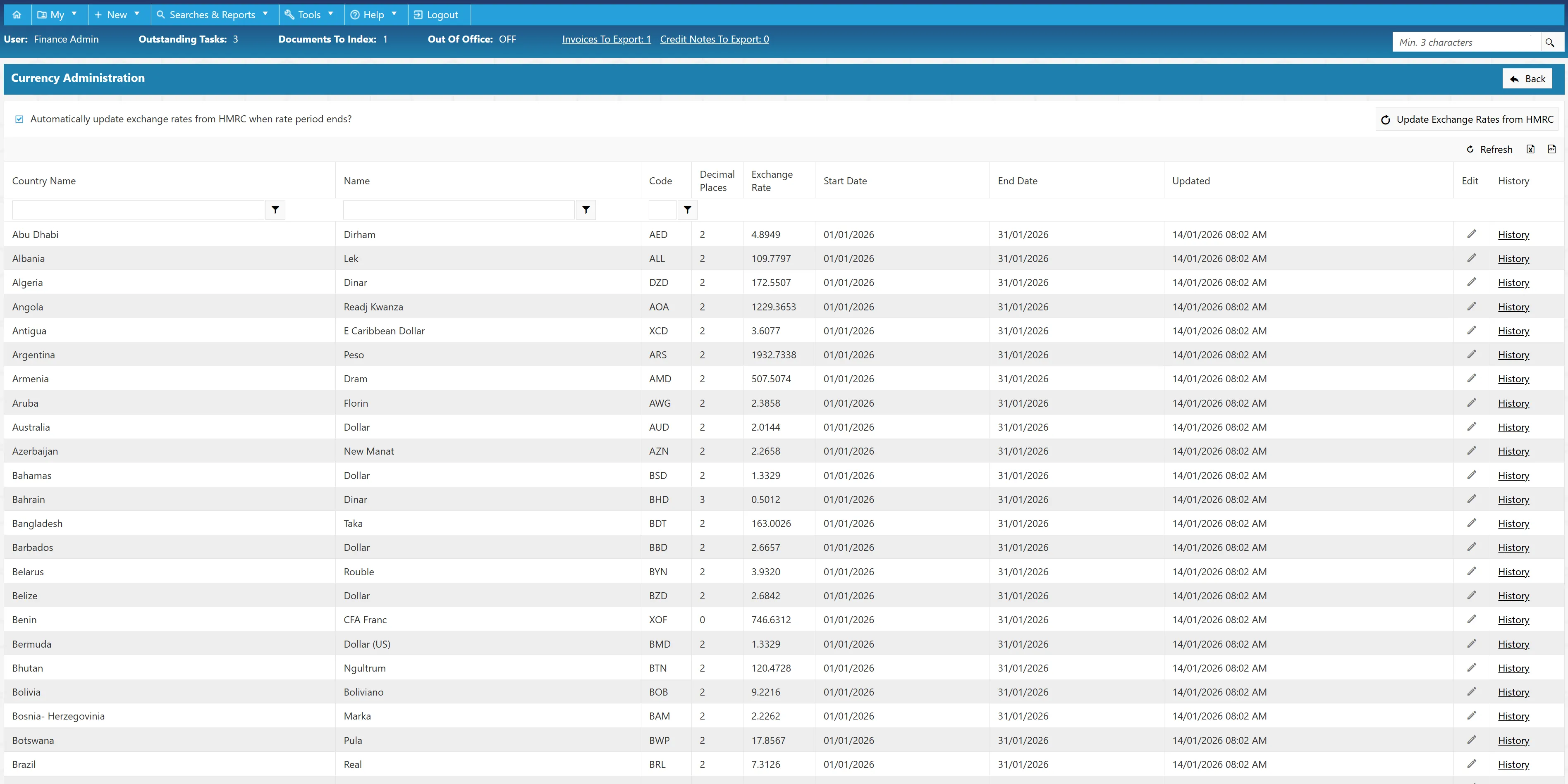 All currencies within the PO software are displayed on the Currency Table for review.