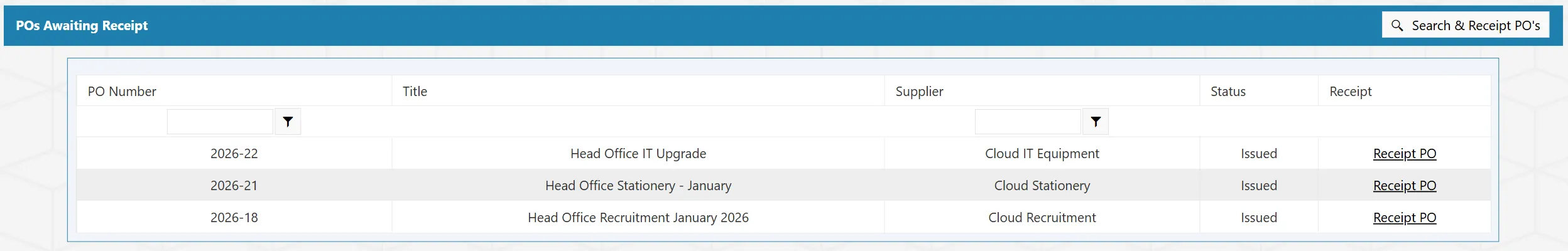 You can receive goods against purchase orders from the dashboard within your PO system.