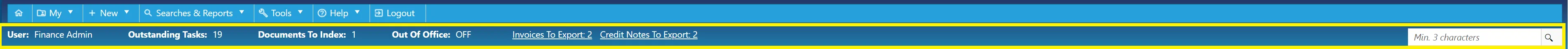 A toolbar containing information regarding your user account on the PO system