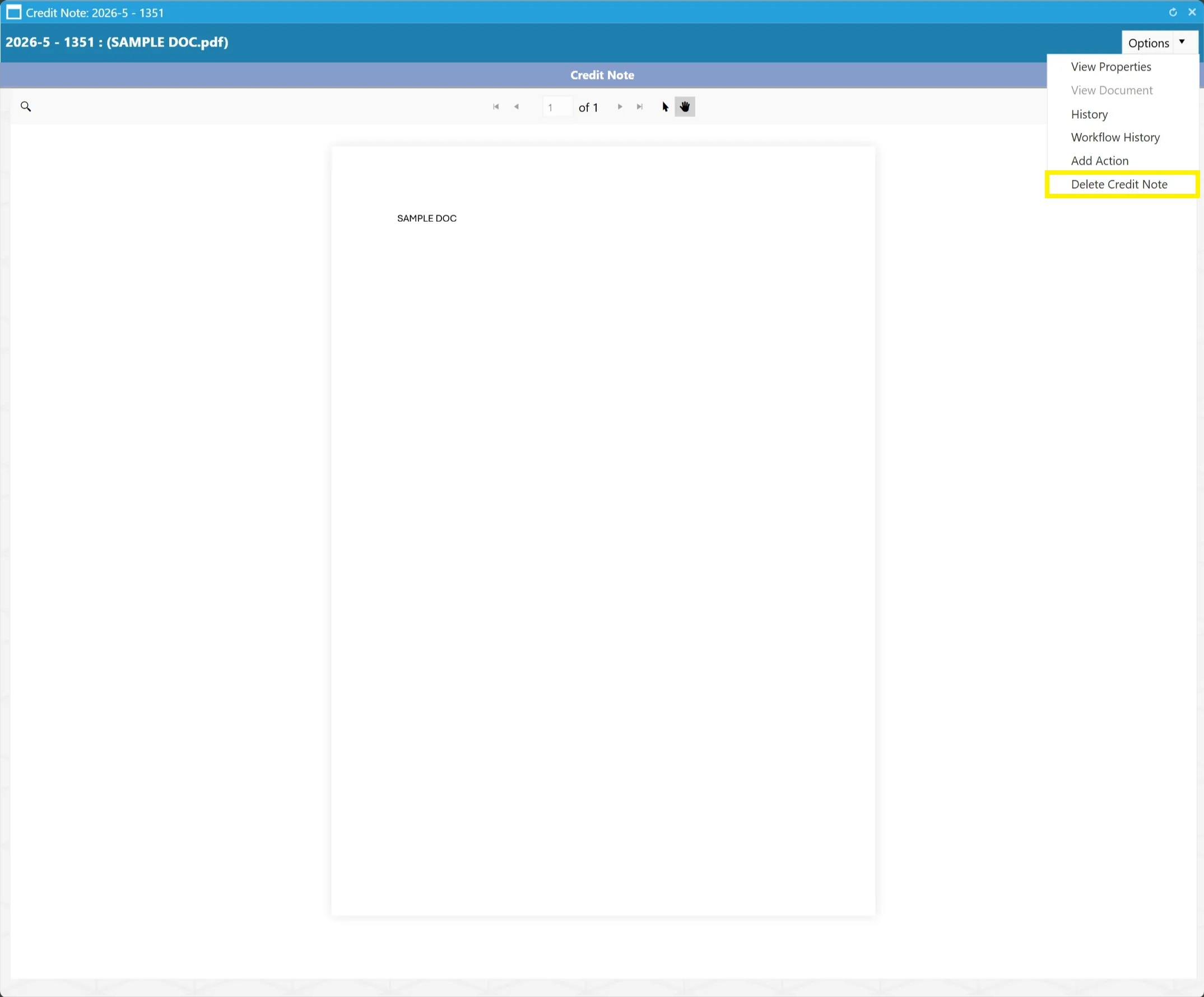 To delete a credit note, simply click the Delete Credit Note button from the Options menu.