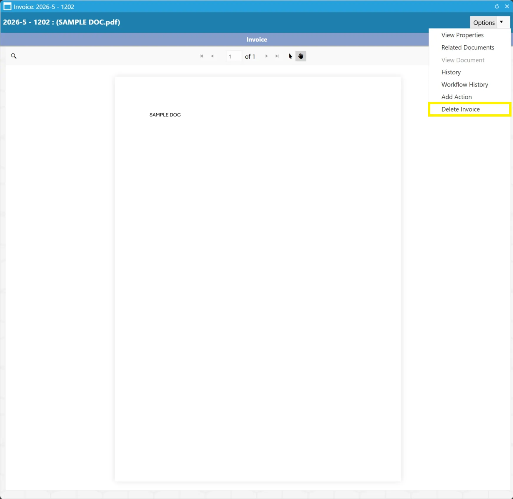 To delete an invoice, simply click the Delete Invoice button from the Options menu.