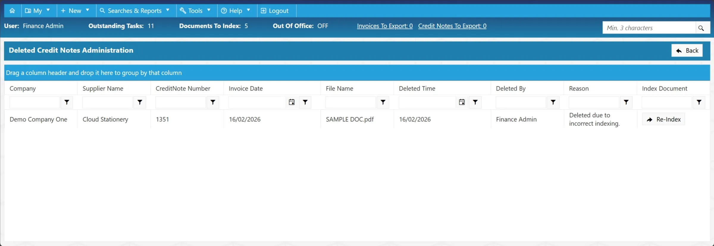 Deleted Credit Notes Admin Grid Deleted credit notes will be displayed within the admin grid, along with key information.