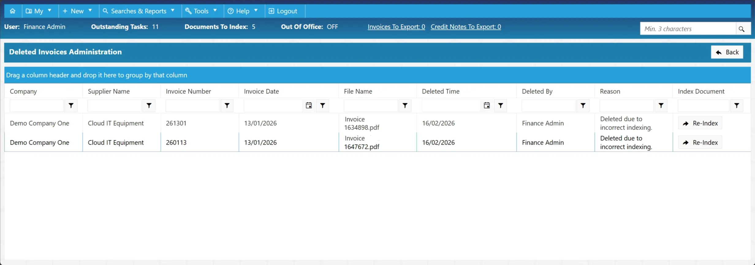 Deleted Invoices Admin Grid Deleted invoices will be displayed within the admin grid, along with key information.