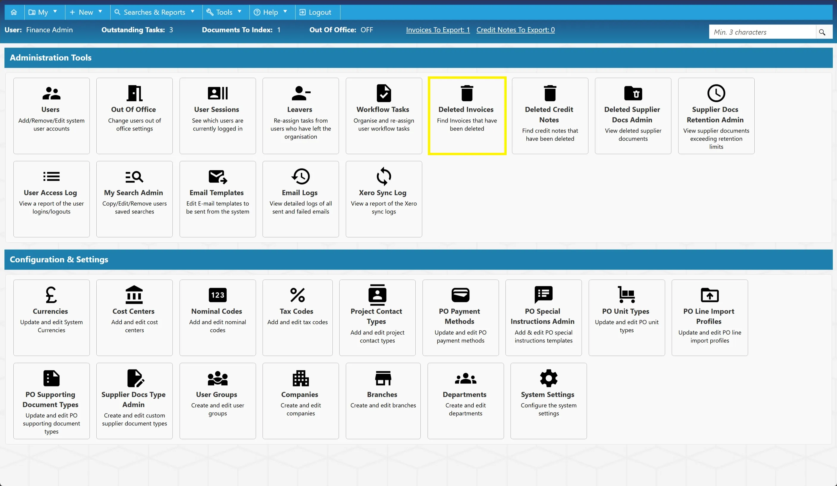 Deleted Invoices Admin Admin users have the ability to view deleted invoices.