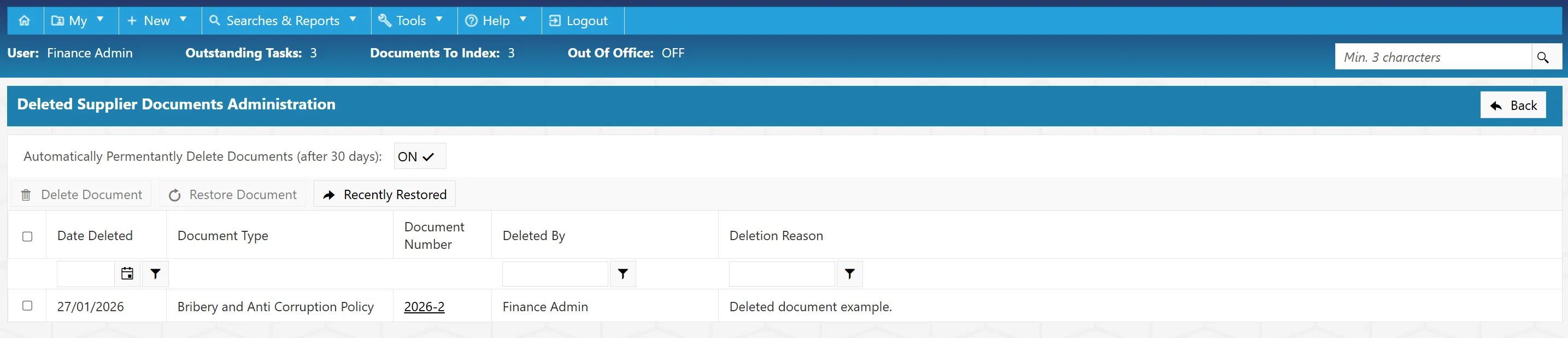 Deleted Supplier Docs Admin Grid The Deleted Supplier Docs Admin grid displays any deleted supplier documents.