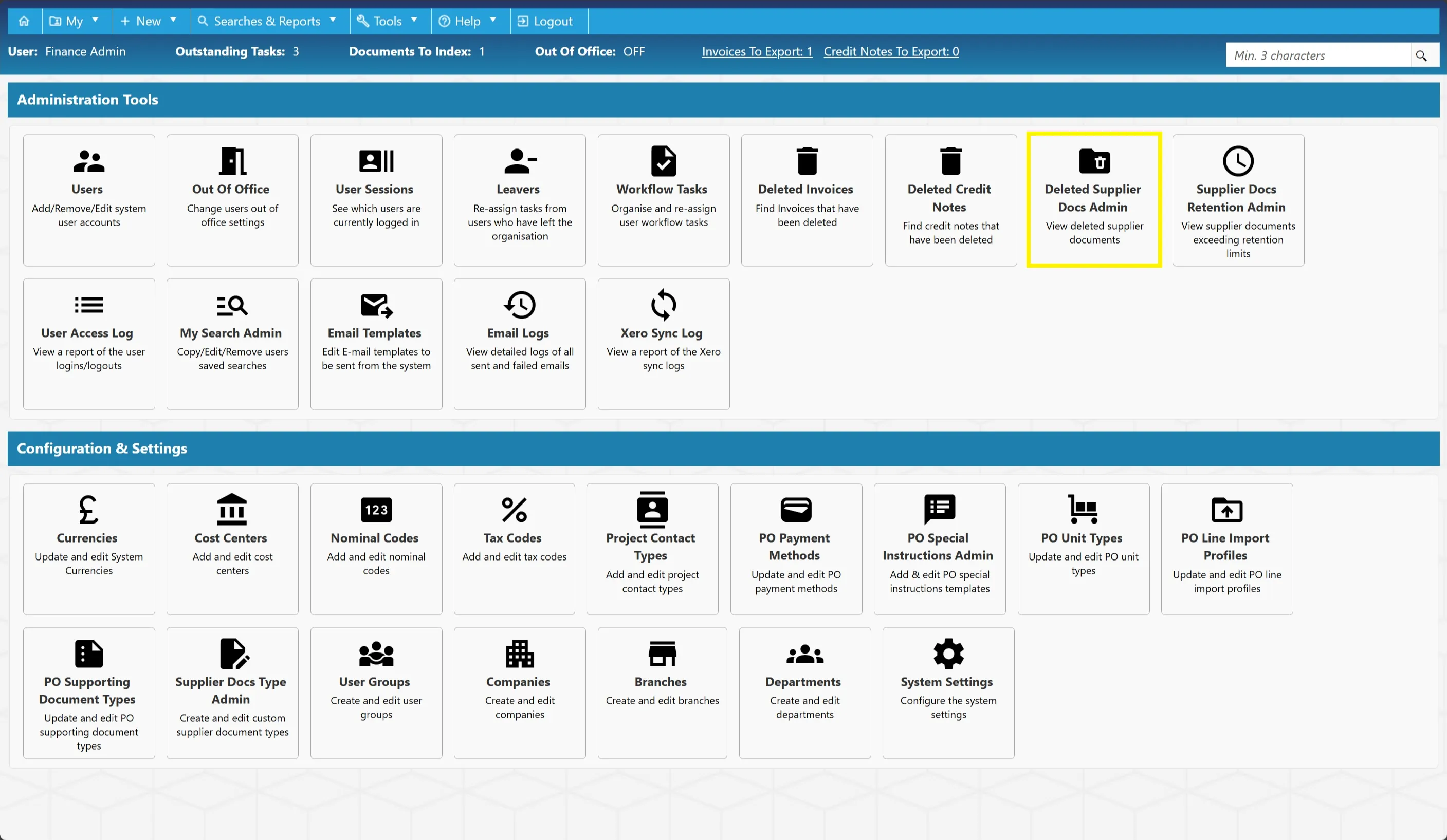 Deleted Supplier Docs Admin Deleted supplier documents are stored within the Deleted Supplier Docs Admin section.