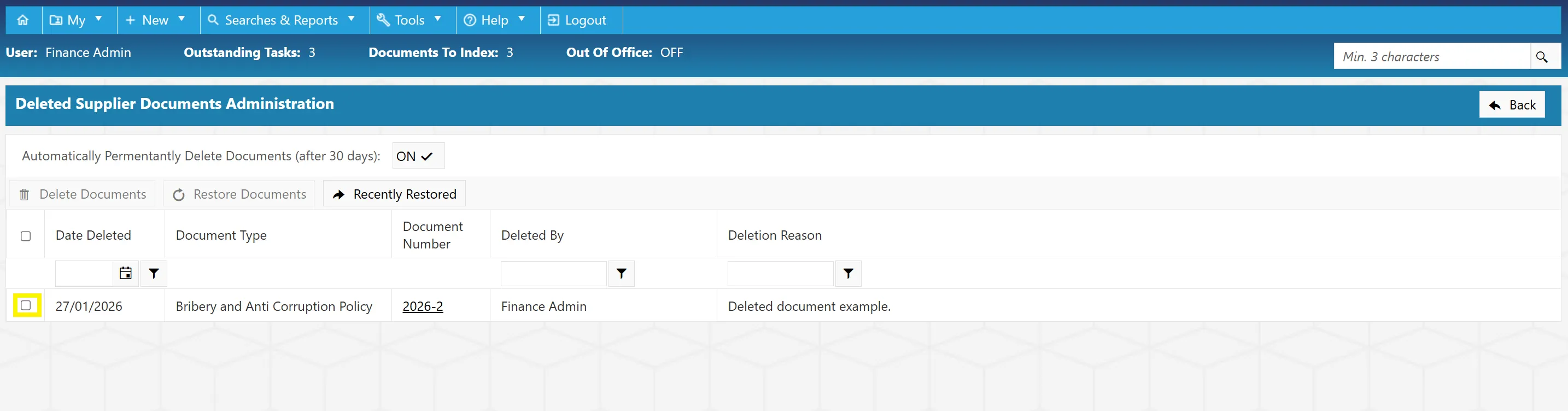 Deleted Supplier Docs Admin Grid Selected Row Select the desired row within the grid.