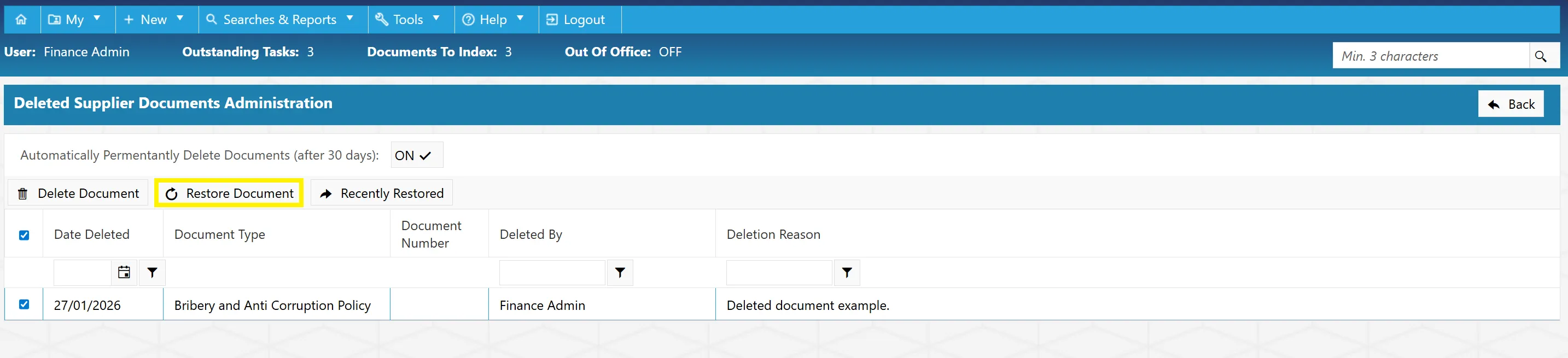 Restore Documents Button Clicking Restore Documents will restore any selected, deleted documents.