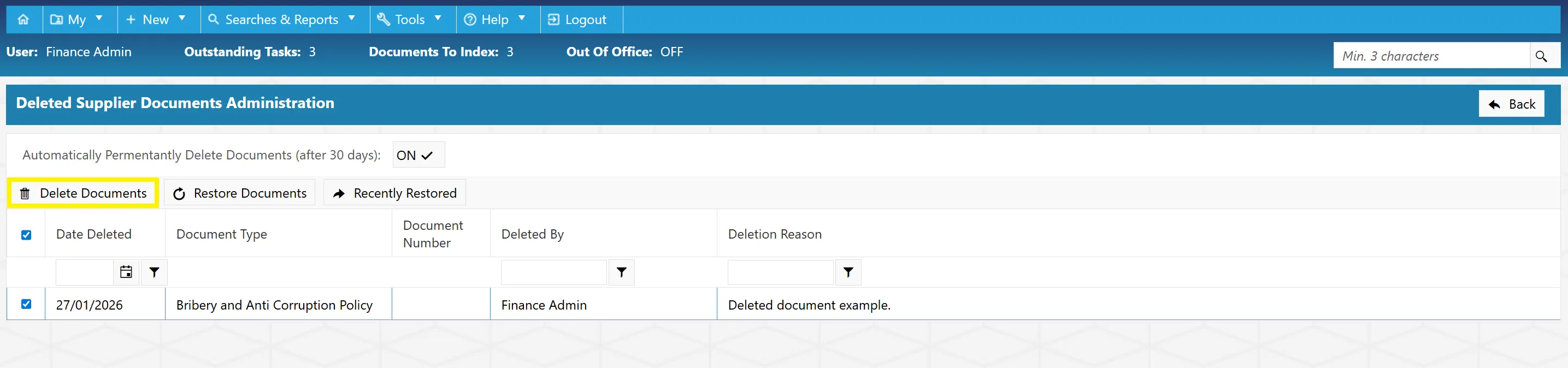 Delete Documents Permanently delete any selected documents by clicking the Delte Documents button.