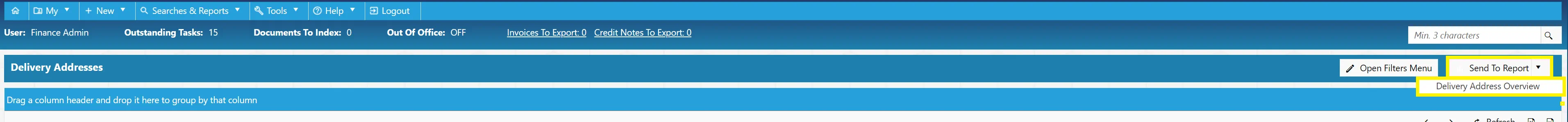 Selecting Delivery Address Overview will send the search results to a report.