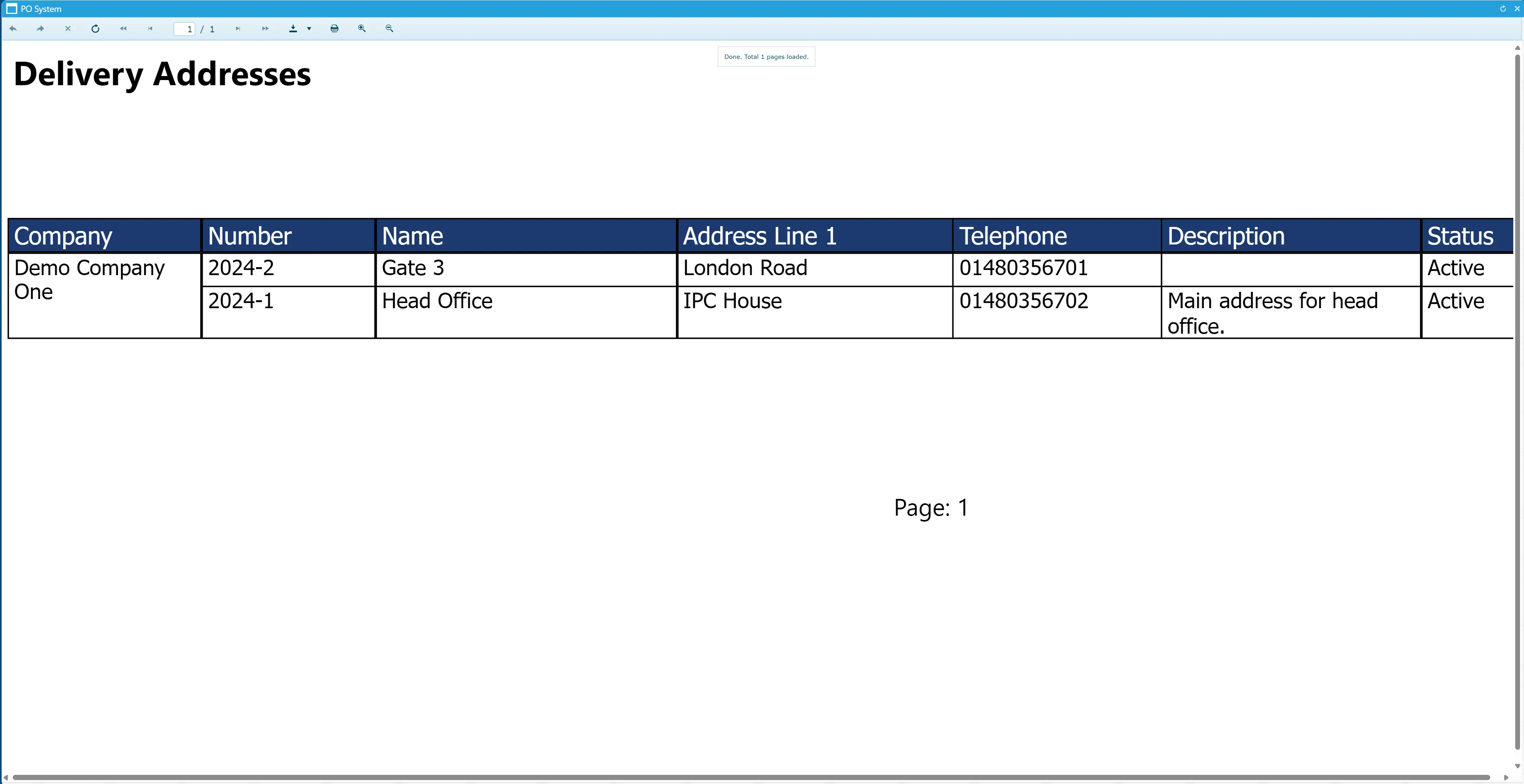 The delivery addresses report displays the addresses in a clear format.