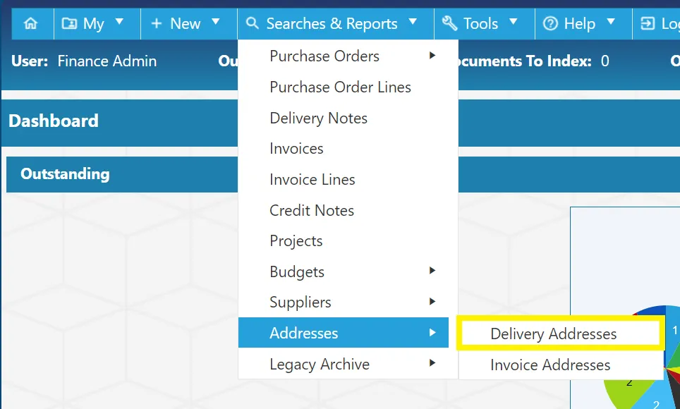 The PO system allows users to search for delivery addresses.
