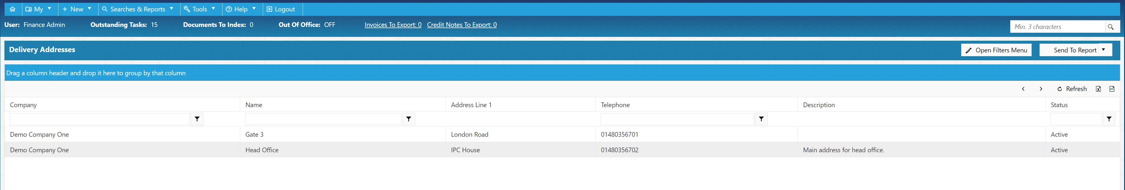 Delivery addresses are displayed in a search results grid consisting of columns.
