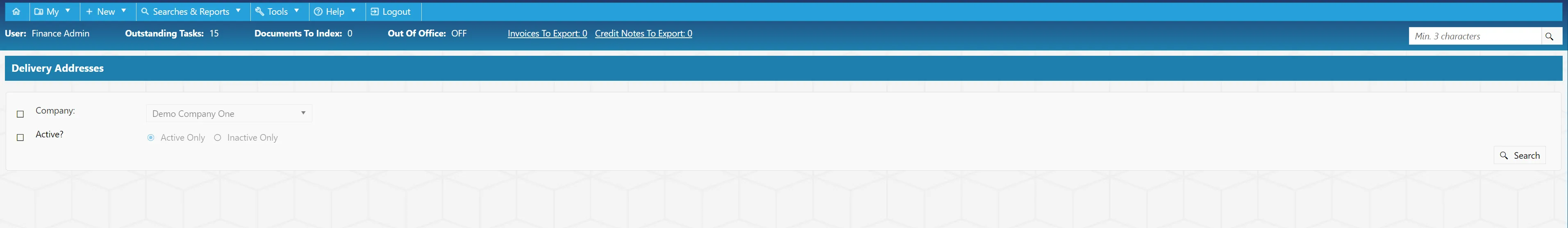 The delivery addresses search can be filtered as required.